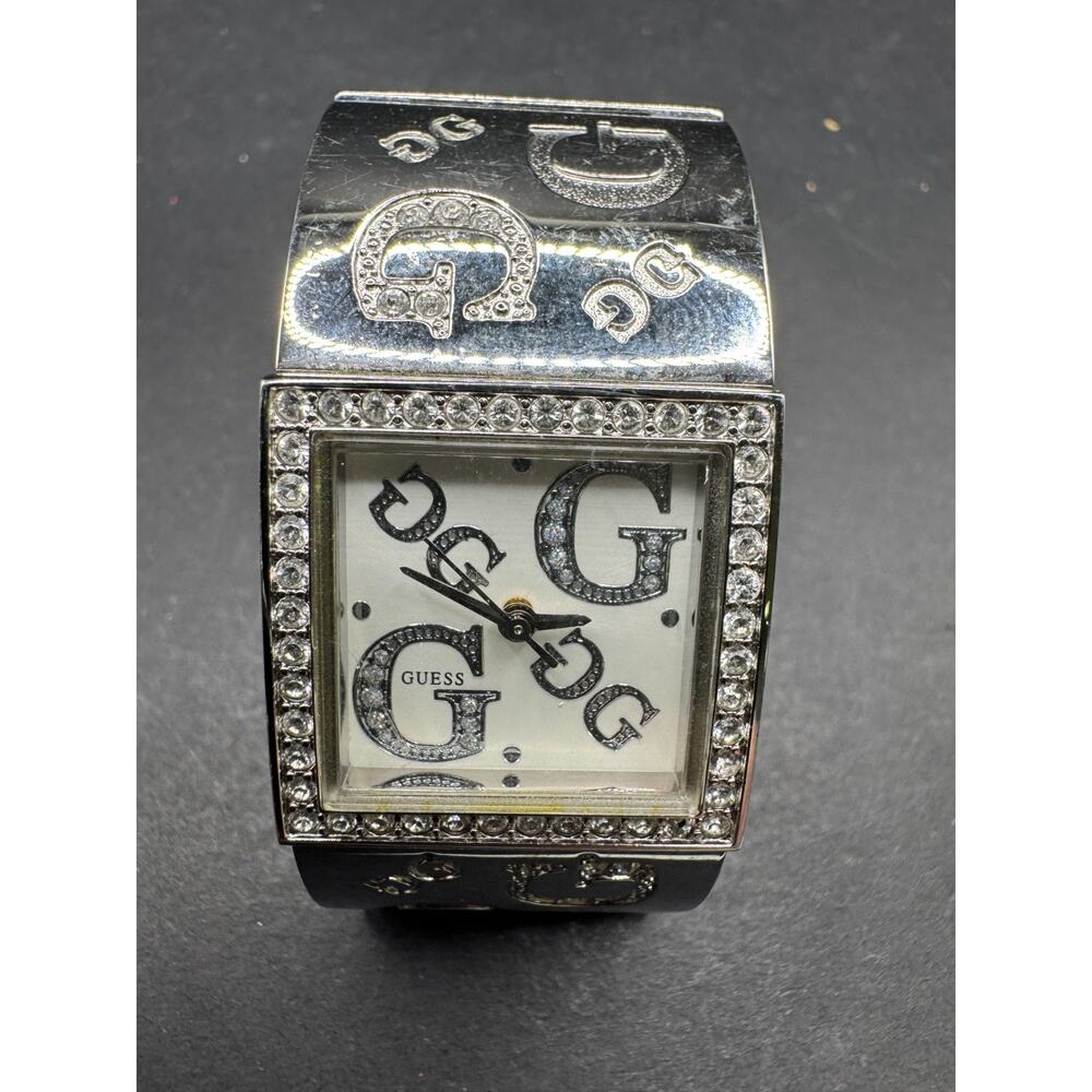 GUESS G86073L Women’s Silver Toned Watch G Logo Swarovski Crystal Bezel Y2K 26mm